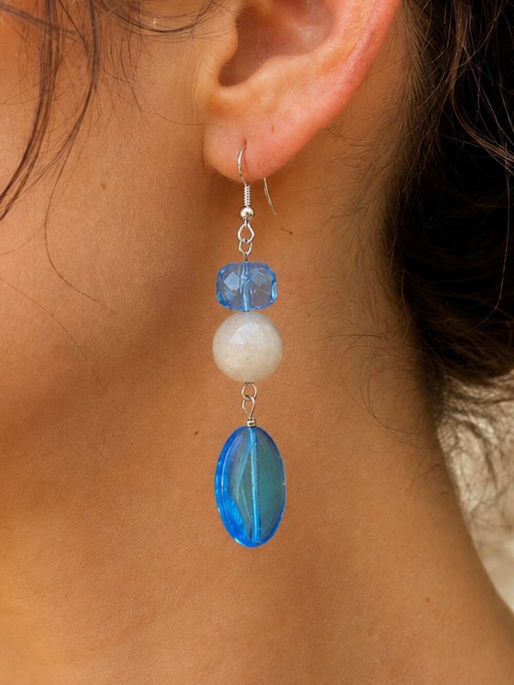 Artsy Teal Blue Earrings, White Crystal Earrings, Tropical Vacation Earrings